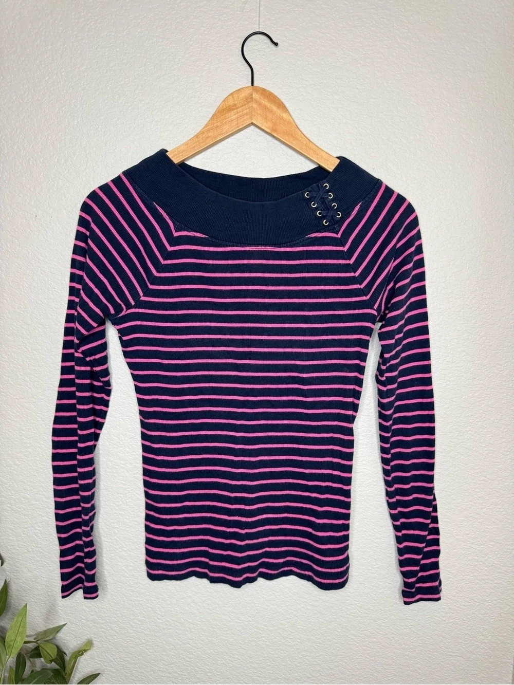 Lauren Ralph Lauren M Navy Pink Striped Cotton Lace-Up Boatneck Sweater Y2K